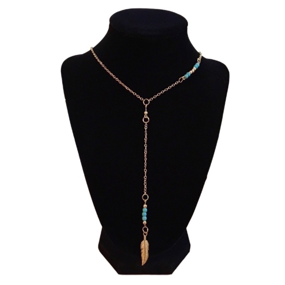 Feather Charm and Turquoise Beads Lariat Necklace - Picture 2 of 2